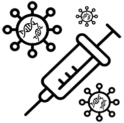 An illustration of a recombinant vaccine, showing a syringe with viruses next to it and the viruses have DNA strands inside.