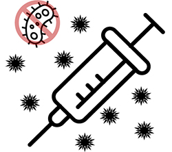 An illustration of a toxoid vaccine, showing bacterial toxins, with a red circle cross through bacteria, next to a syringe.