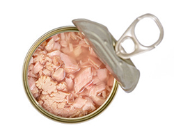 A can of tuna, opened, and viewed from above.