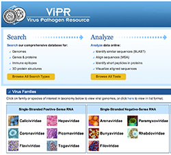 Screenshot of the ViPR Virus Pathogen Resource database for searching pathogens.