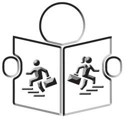 Icon of a book with two icon images of a man and woman climbing stairs with briefcase.