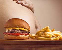 Obese belly, with hamburger and fries in the foreground of the image