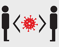 A social distancing icon, with two cartoon people, distance arrows, and a cartoon virus