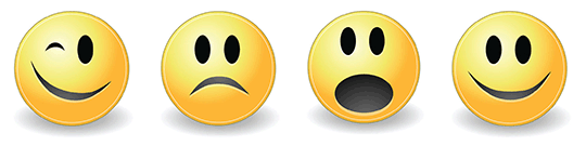 Emoticons showing a wink, frown, surprise, and happiness