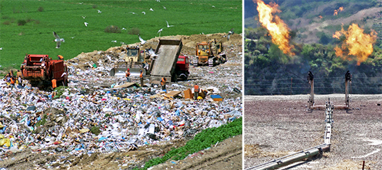 methane burning from a landfill and a landfill being constructed