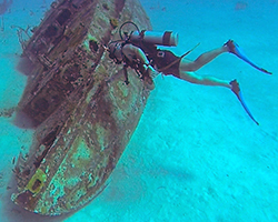 A picture of a warm water SCUBA diver exploring a shipwreck
