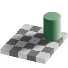 A cylinder with a shadow, sitting on a checkered board