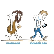 Cartoon of a Stone Age man with rock walking behind a Modern man with a smart phone.