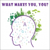 Illustration of outlined human head with DNA a base letters (A,T,C,G) inside and enviromental landscape used as hair.