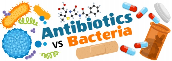 Antibiotics vs. bacteria: evolution and resistance illustration