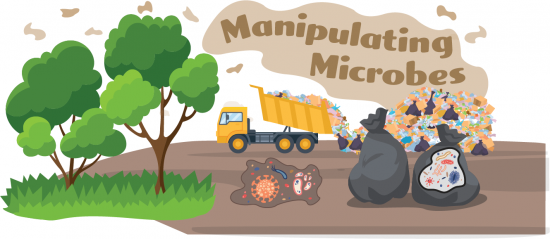 An illustration of microbes at a landfull, with bags of trash and a truck dumping trash