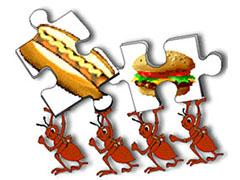 some ants carrying puzzle pieces with food on them