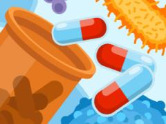 Illustration of antibiotic pills and bacteria