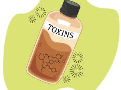 Illustration ofa bottle labeled toxins.