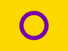 An intersex pride flag, showing a purple circle on a yellow background