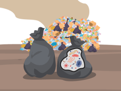 a drawing of bags of trash showing microbes inside