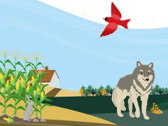 An illustration of rewilding, showing cornfields and a forest with wolves