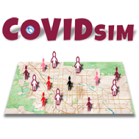 COVID simulation illustration of the COVID SIM title on a map, showing people