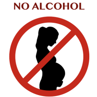 crossed out silhouette of a pregnant woman reading "no alcohol"