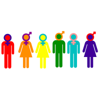 An illustration of rainbow figures with symbols typically associated with being male or female mixed up to indicate a diversity of sexes and genders.