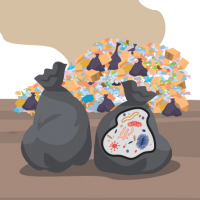 an illustration of bags of trash showing microbes inside