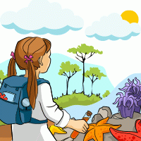 Illustration of girl with backpack in a lab coat hiking.