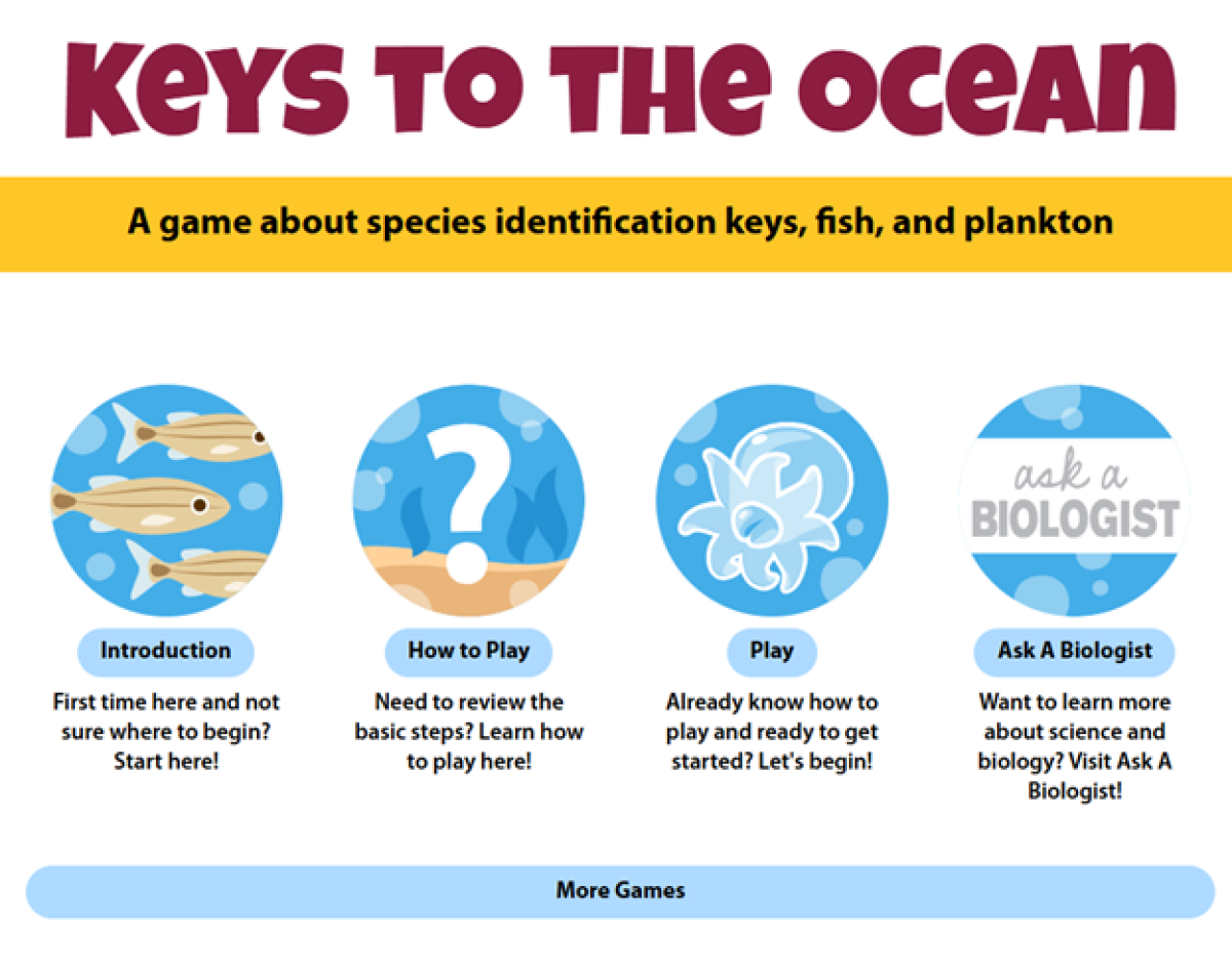 The main menu of the Keys to the Ocean identification game