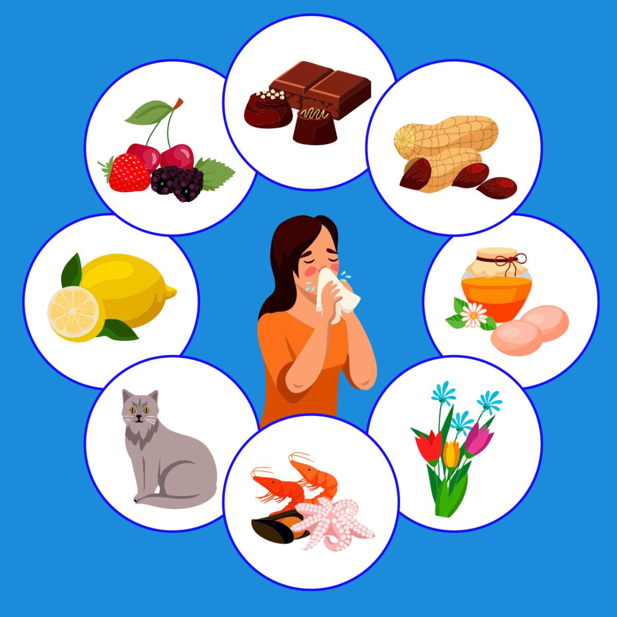 Illustration showing many different allergy triggers, from food, to plants, and animals.