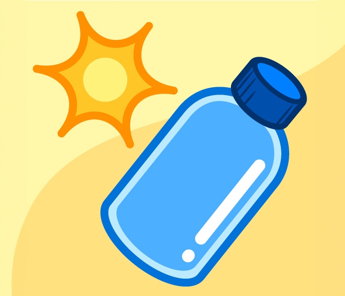 An illustration of a sun and a water bottle with a tan two-toned background for the heat safety game Beat the Heat