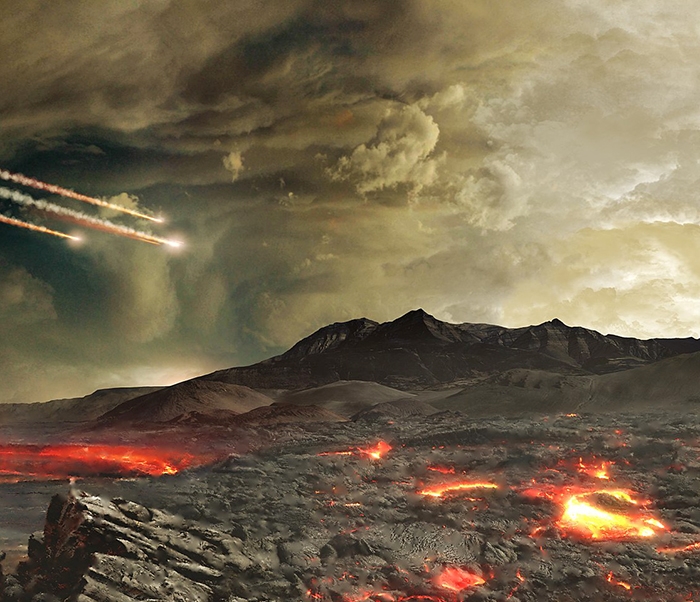 An illustration of what Early Earth may have looked like, with lots of magma, smoke, and meteorites.