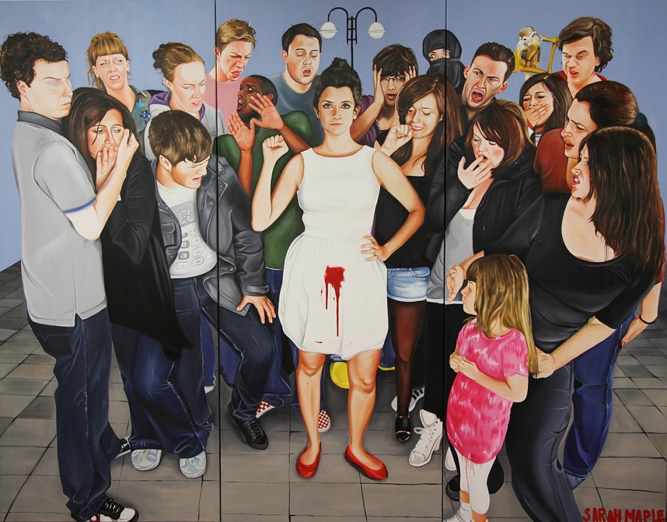 Art piece Menstruate with Pride by Sarah Maple; a variety of people all look at one woman who has a blood stain from her period on her white dress.