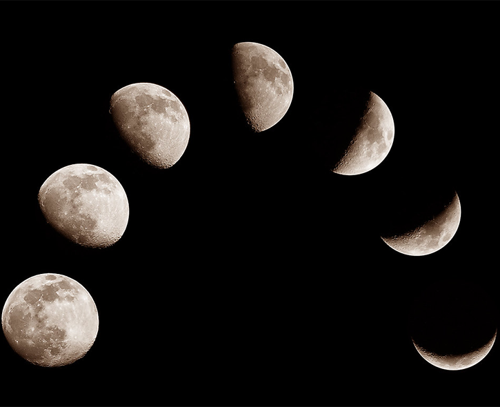 Seven images of the moon in different phases, from full to crescent, arranged in a half-circle against a black background