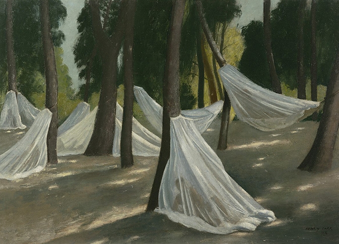 A painting of soldiers in sleeping on the ground under mosquito nets, made in 1943 by Henry Carr