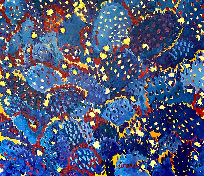A painting of prickly pear cactus made using blue, red, and yellow colors.