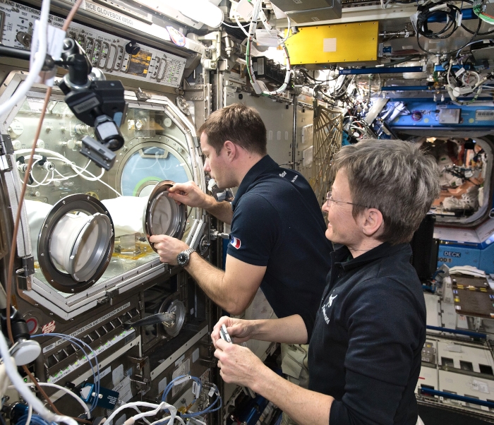 astronauts in the space station use a glovebox