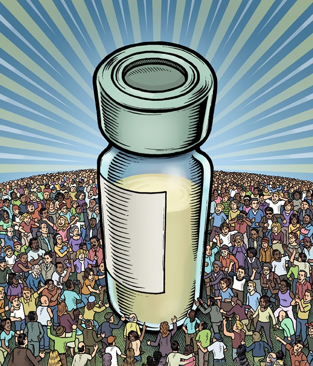 Ilustração de um frasco de vacina cercado por pessoas; The Vaccine, de Mario Zucca