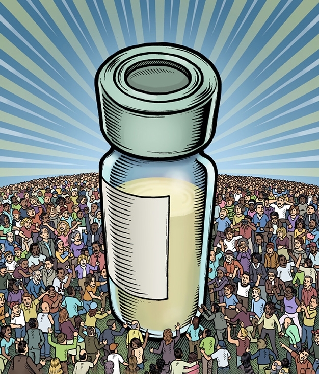 Una ilustración de una enorme botella de vacuna en una multitud de personas; Ilustración por Mario Zucca.