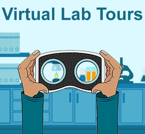 Cartoon drawing of a laboratory bench with a pair of hands holding up VR goggles.