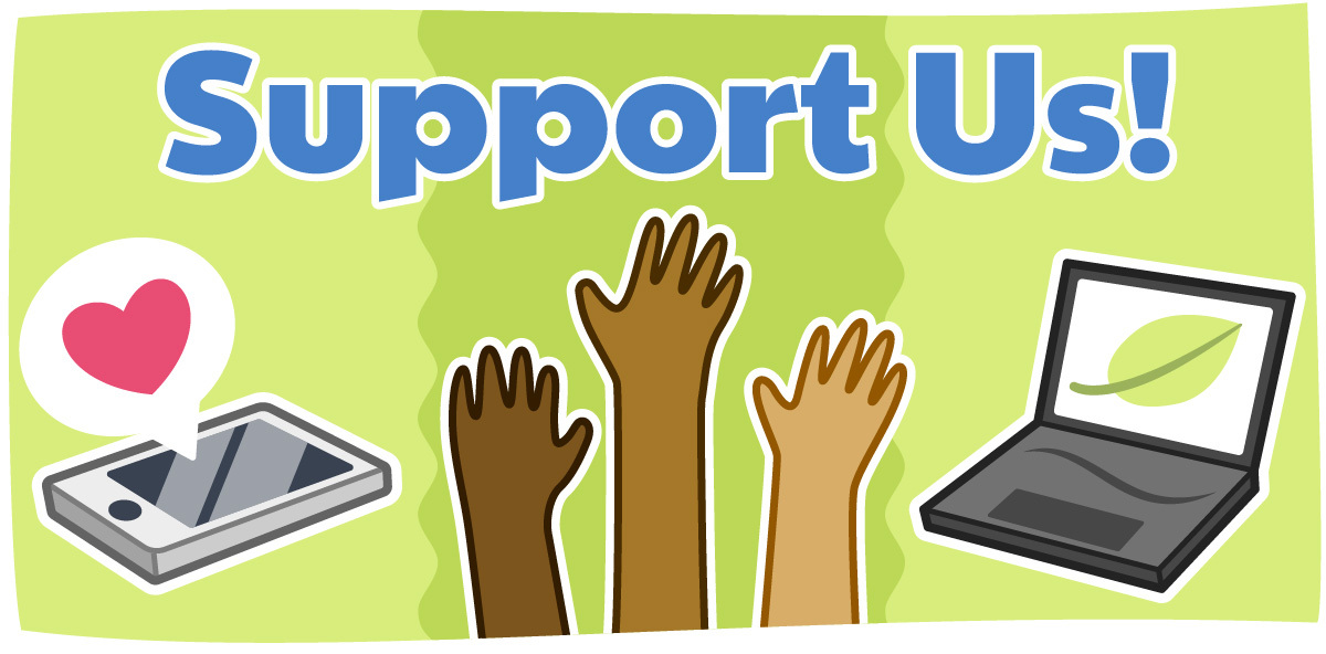 An illustration with the title "Support Us!" with illustrations of a phone with a heart emoji, three arms raised into the air, and a computer with biology information on it